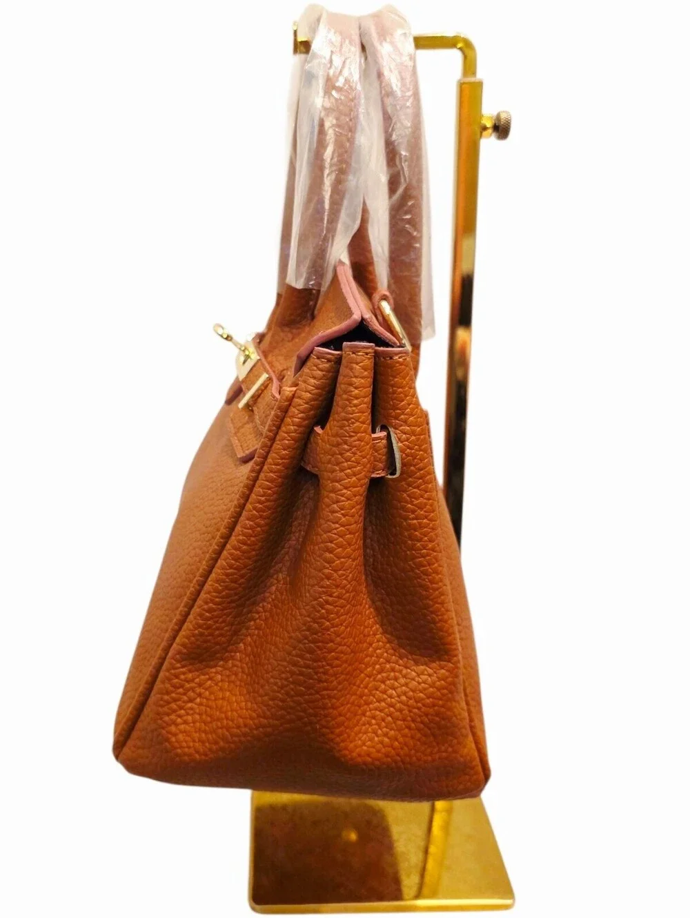 Pebbled Faux Leather Designer Style Cognac Satchel Crossbody Gold Accents